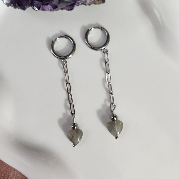 Handmade Labradorite Heart Huggie Drop Earrings - Picture 5 of 6
